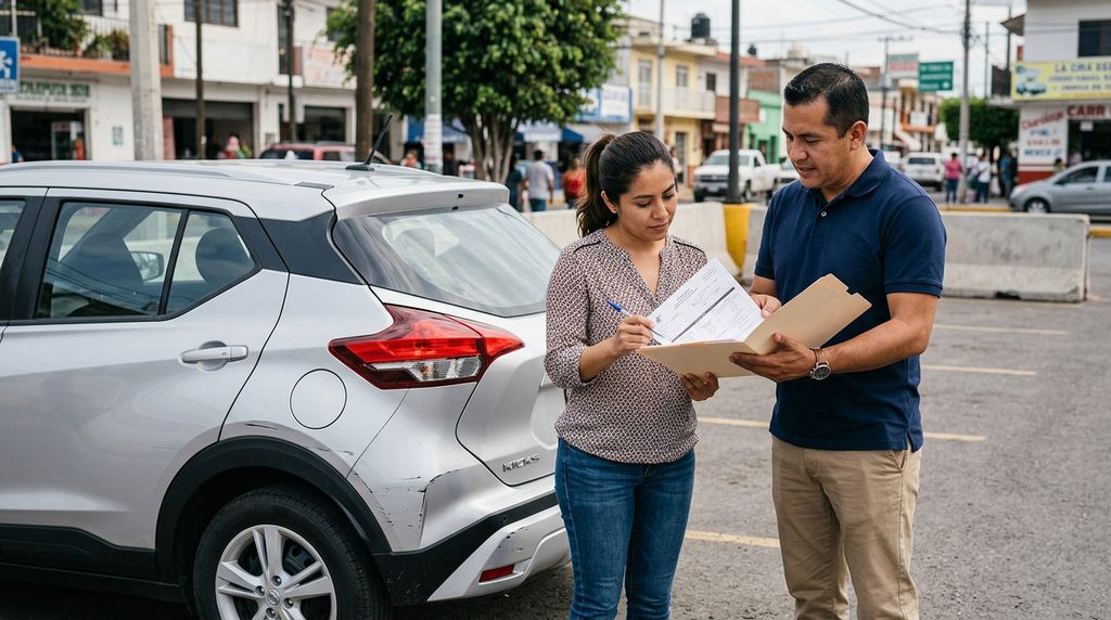 Ajustadora y conductor revisan documentos del seguro junto a un vehículo con daños leves.
