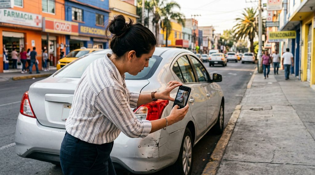 Conductor fotografía daños en la defensa de su automóvil desde una zona segura.