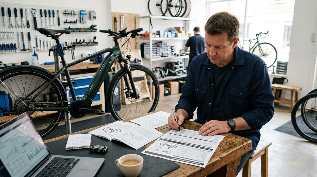 Persona revisa la ficha técnica de una bicicleta eléctrica.