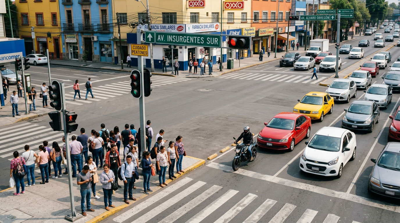 Tránsito de autos y motocicletas en una intersección urbana.