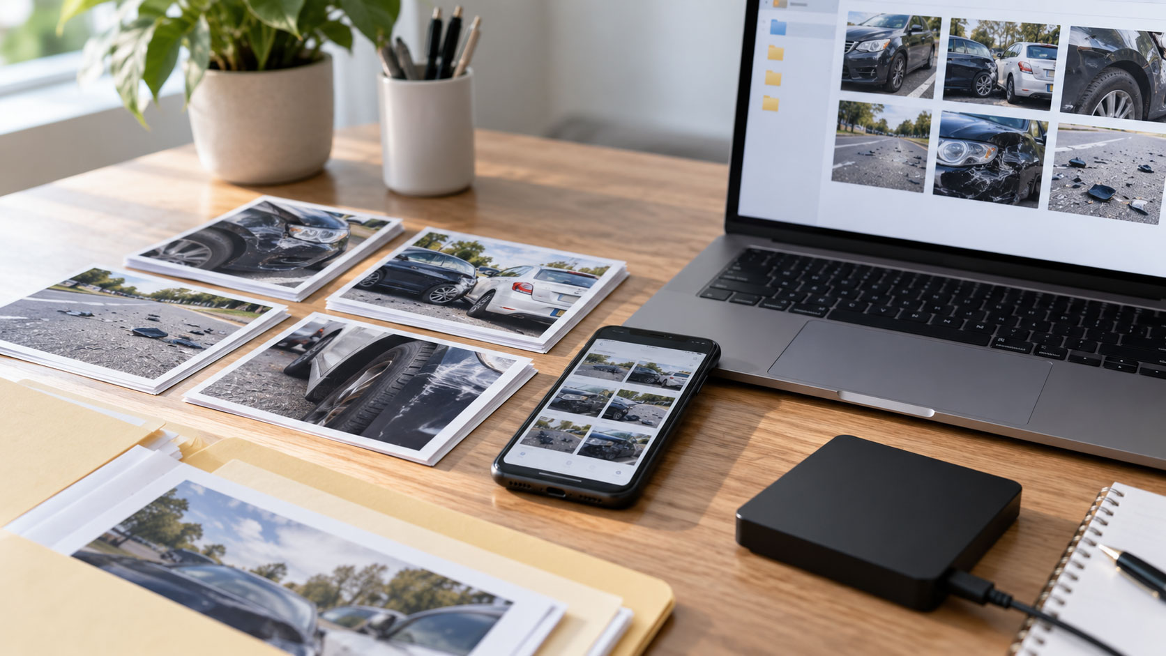 Workspace with printed photos of car accident damage spread across a wooden desk, showing close‑ups of dented bumpers and scattered debris; a laptop and smartphone display the same images, alongside a connected external drive, folders, and a potted plant.