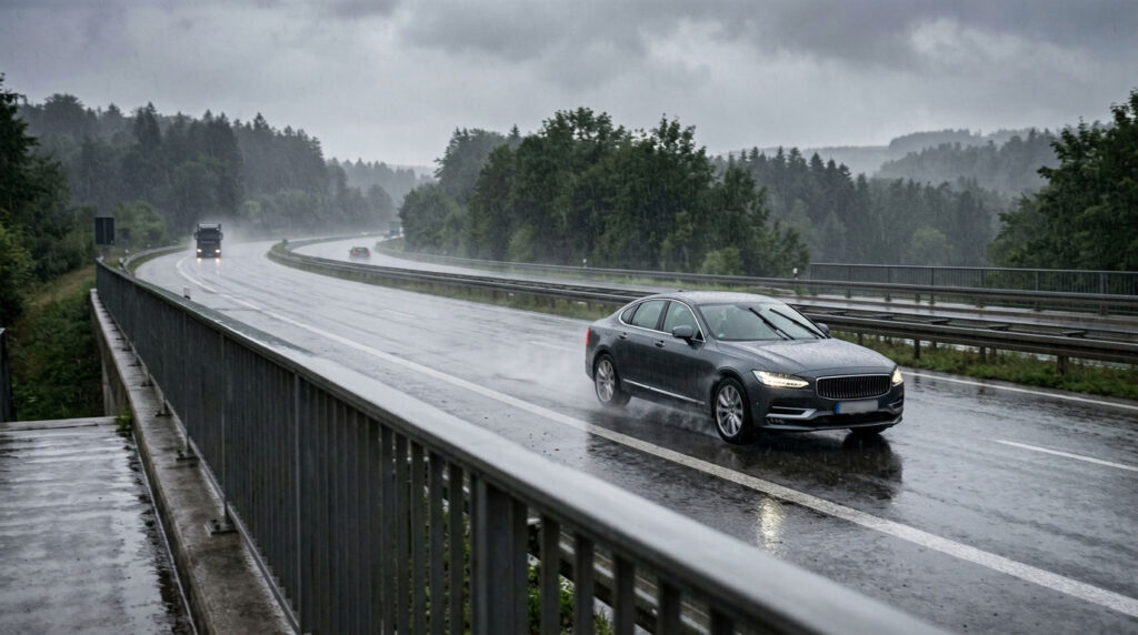 Auto circula sobre pavimento mojado durante la lluvia.