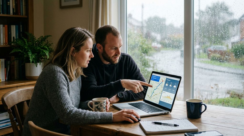 Personas revisan el pronóstico antes de salir a carretera.