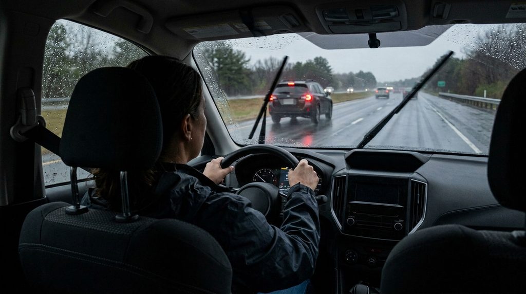 Conductor mantiene distancia entre vehículos bajo la lluvia.