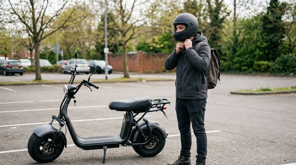 Usuario ajusta su casco junto a un scooter eléctrico.