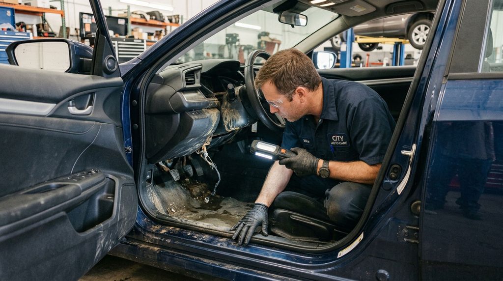 Técnico inspecciona un auto afectado por una inundación.