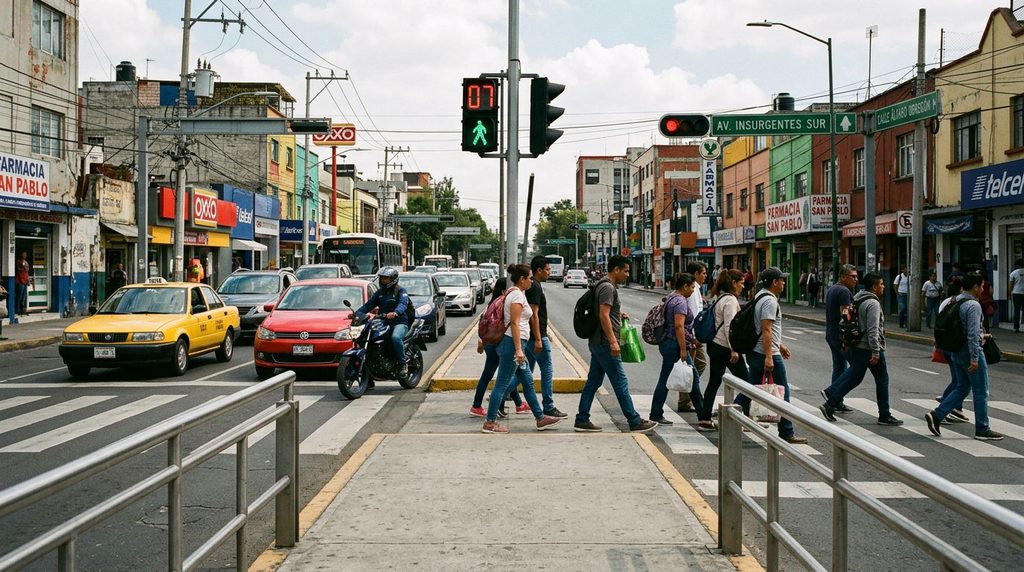 Cruce urbano con peatones, automóviles y una motocicleta.