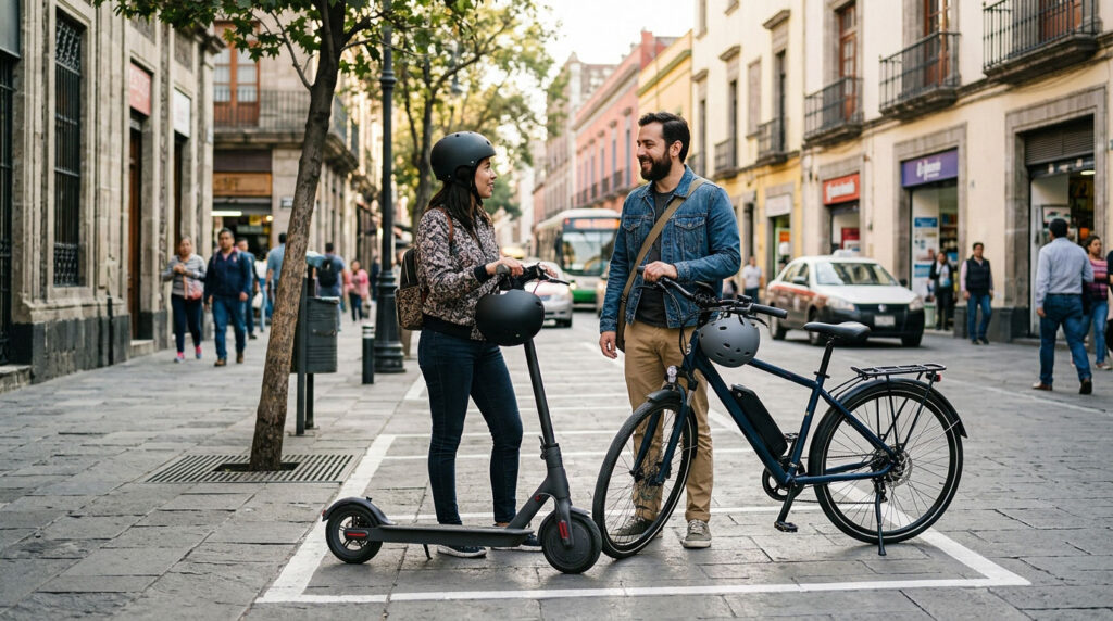 Scooter y bicicleta eléctrica estacionados en CDMX.